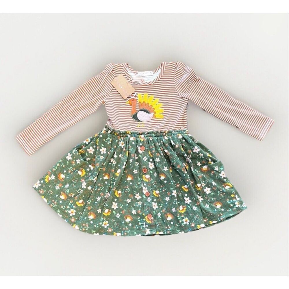 NWT Toddler GirlsโYoung Hearts Embroidered Turkey Thanksgiving Dress - Sz 4